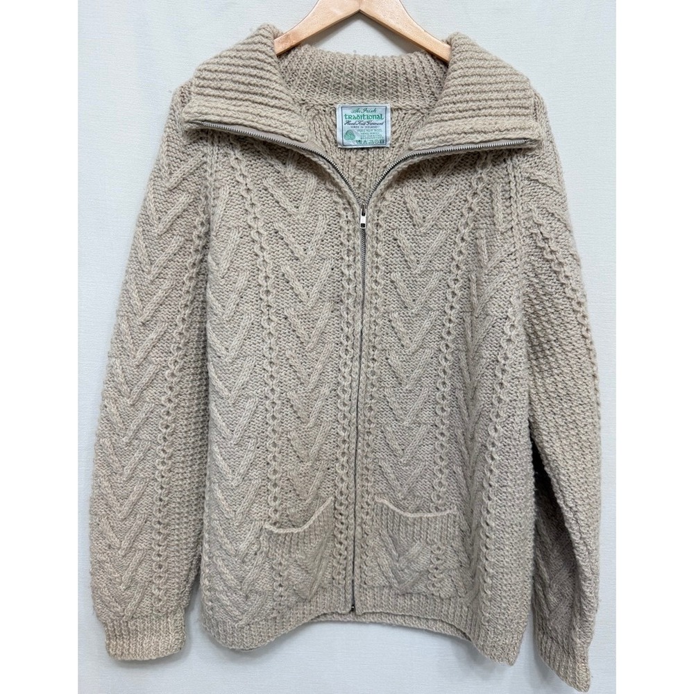 An Irish Traditional Hand Knit Pure Wool Full Zip Cardigan Sweater Beige Ireland